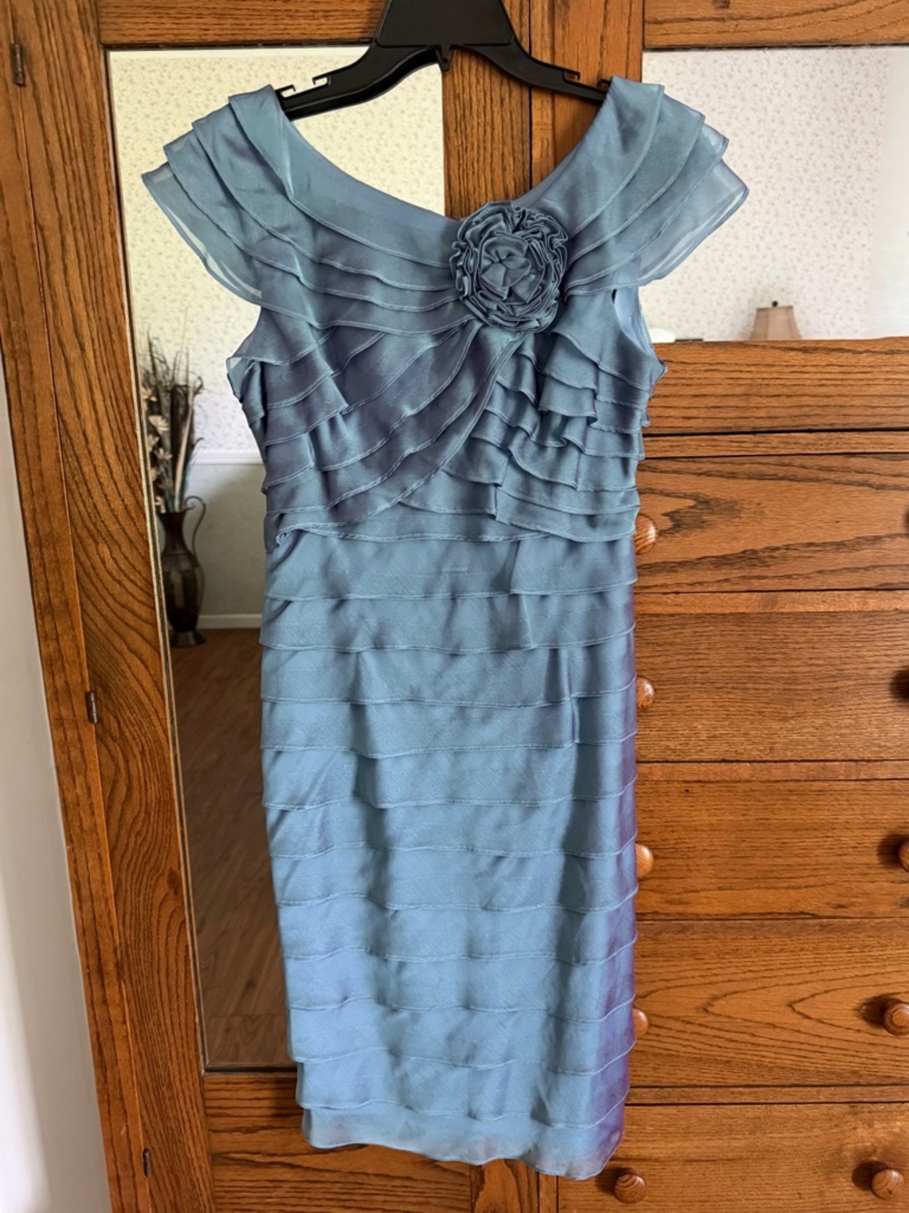 Slate Blue Layered Ruffle Midi Dress with Rosette Detail